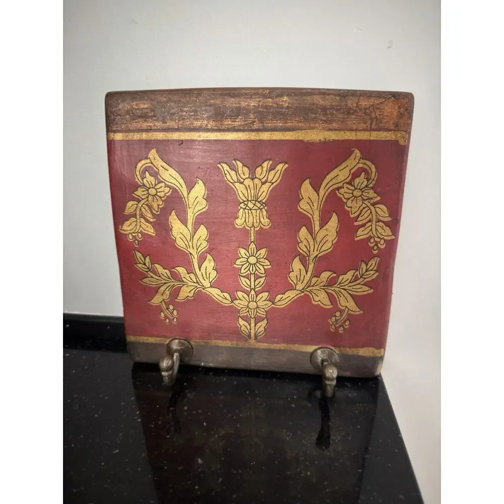 Antique Style Wall Mounted Tile Plaque Red/Gold Floral w/ 2 Metal Hooks